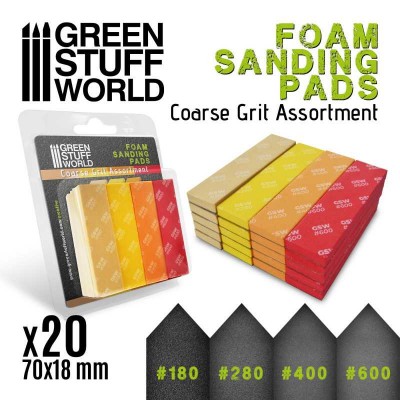 FOAM SANDING PADS - COARSE GRIT ASSORTMENT ( GRITS 180/280/400/600 ) 20PCS - GREEN STUFF 10977